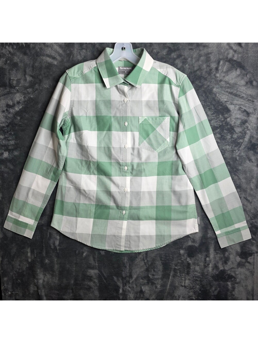 Simms Women's Long Sleeve Plaid Button Up Shirt Size Small Green White Gray